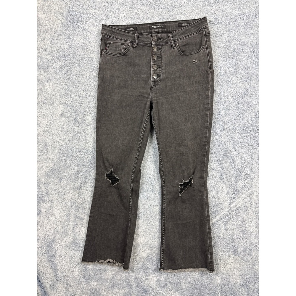 Vigoss Womens 29 Black Gwen Kick Flare Jeans High Rise Distressed Frayed Hem